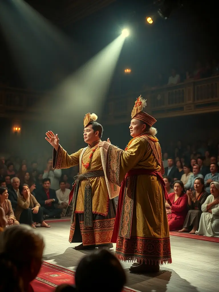A dynamic image of a theatrical performance organized by ARSIS, featuring actors in costume on stage, conveying the energy and cultural richness of the event.