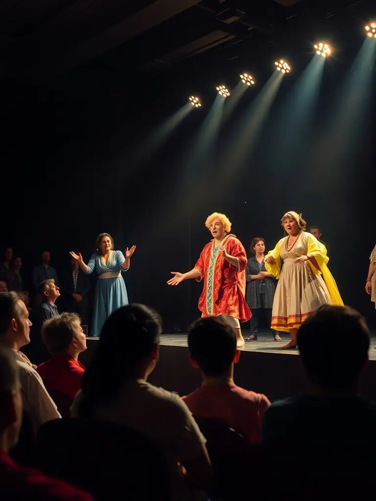A dynamic shot of a theatrical performance at ARSIS, showing actors on stage and an engaged audience.