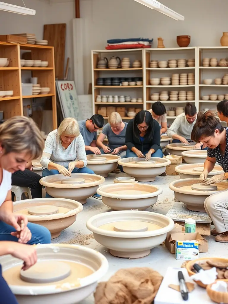 A vibrant photograph capturing participants engaged in a pottery workshop at ARSIS, showcasing the hands-on creative process and the joy of artistic expression.