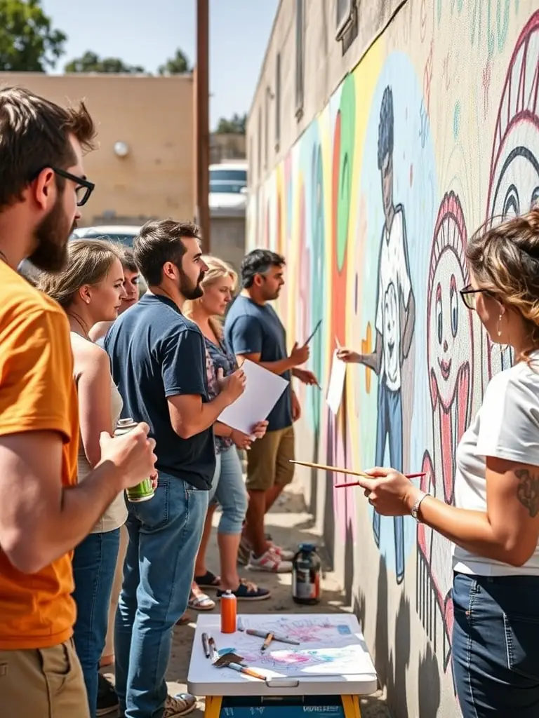 A heartwarming photo of a community gathering at ARSIS, showcasing residents participating in a collaborative art project, symbolizing the organization's efforts to foster social cohesion and community engagement.