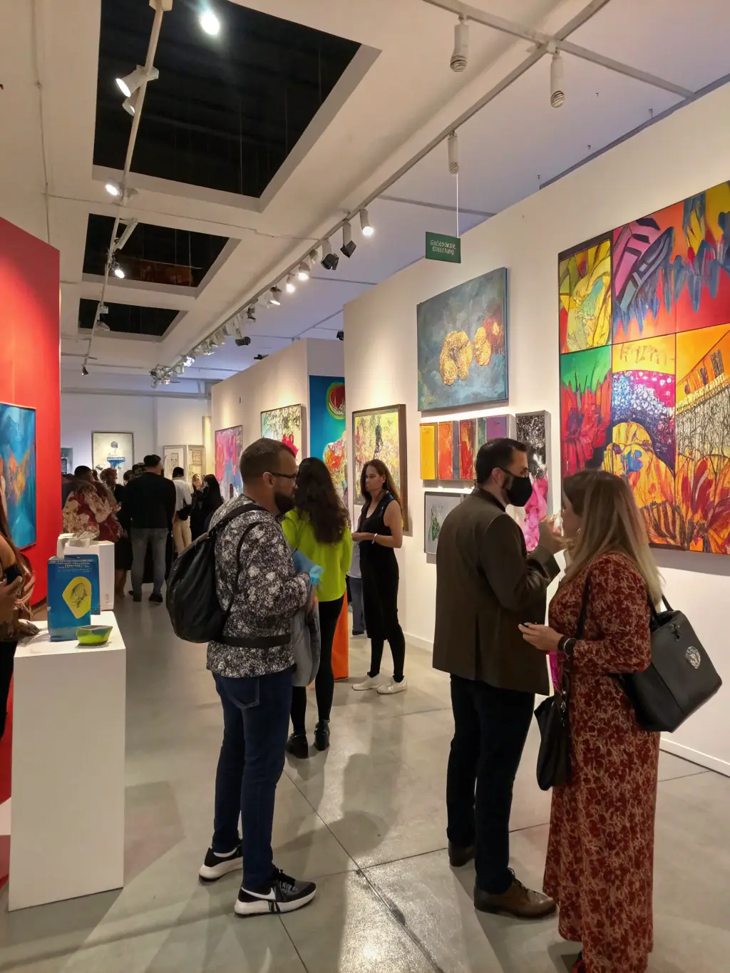 An image capturing the opening night of an art exhibition at ARSIS, featuring local artists and community members enjoying the event.