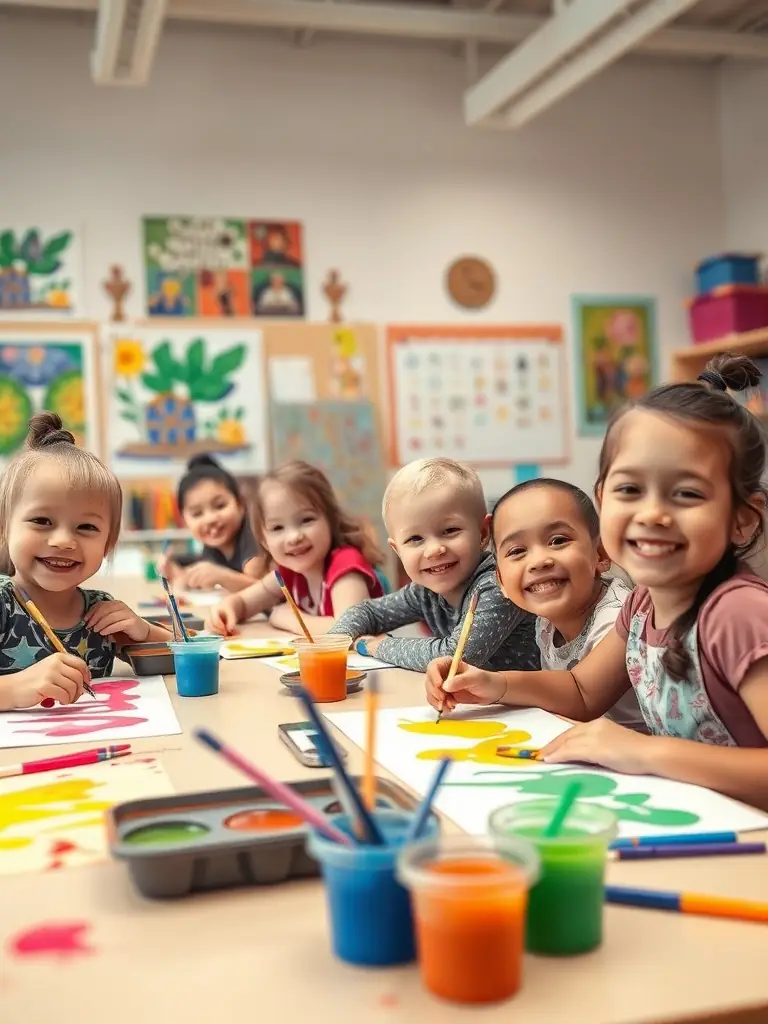 A vibrant photograph capturing a children's art workshop at ARSIS, with kids enthusiastically painting under the guidance of an instructor, showcasing the organization's commitment to youth engagement and creative expression.