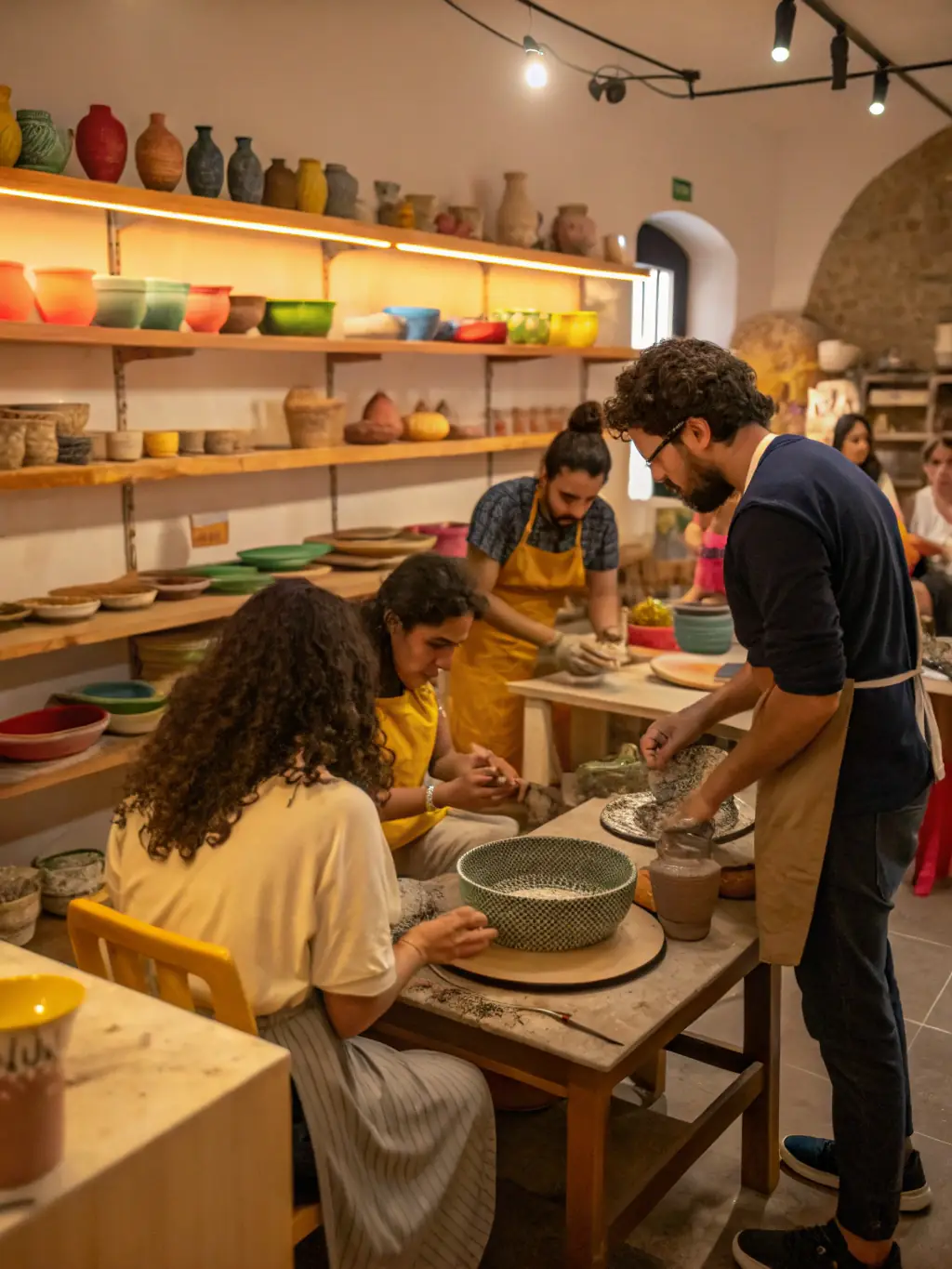 A vibrant photo of participants engaged in a pottery workshop at ARSIS, showcasing hands-on learning and creative expression.
