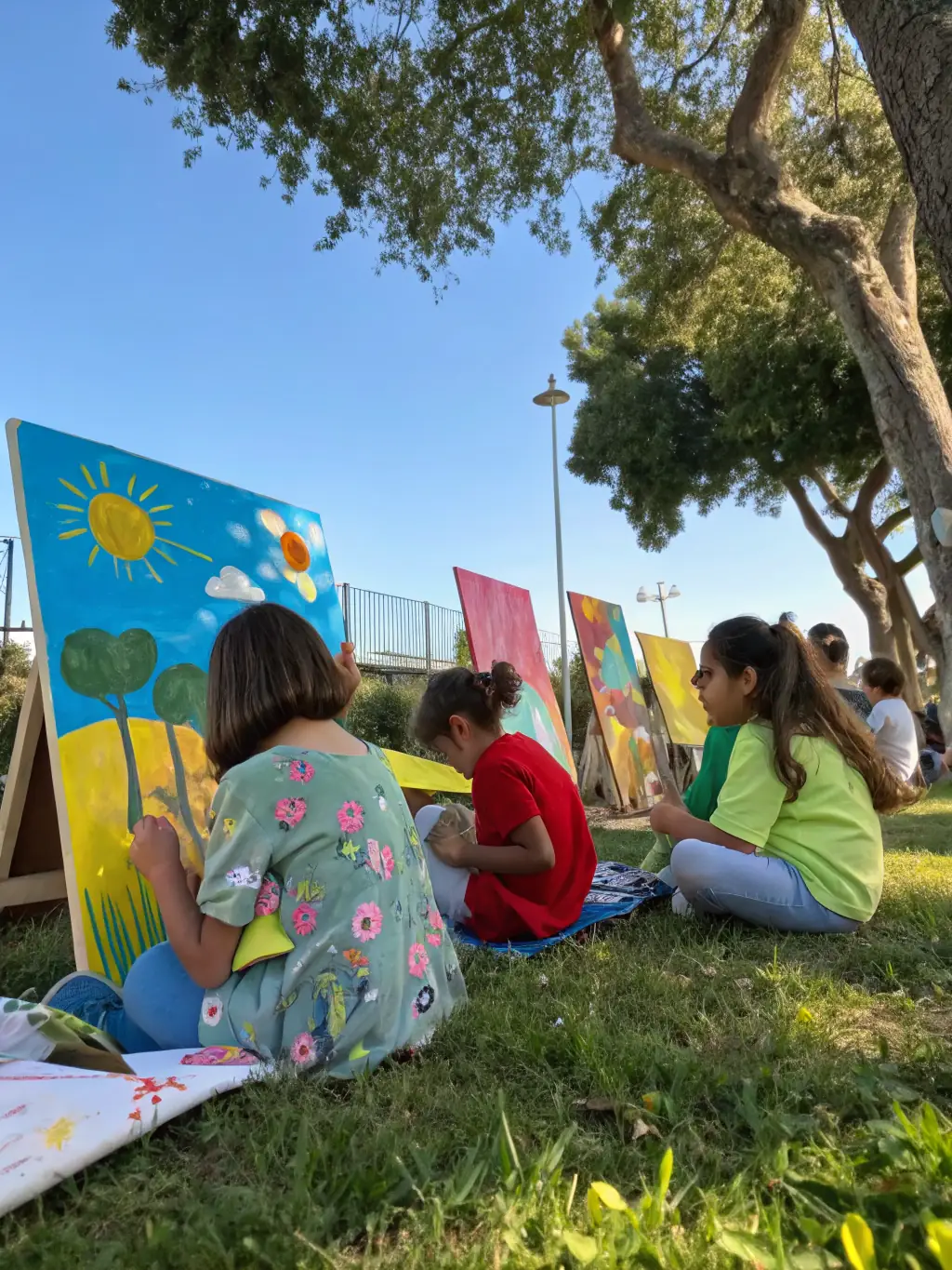 A serene picture of a group participating in a landscape painting session outdoors, capturing the beauty of the rural surroundings and the artistic interpretation of nature.